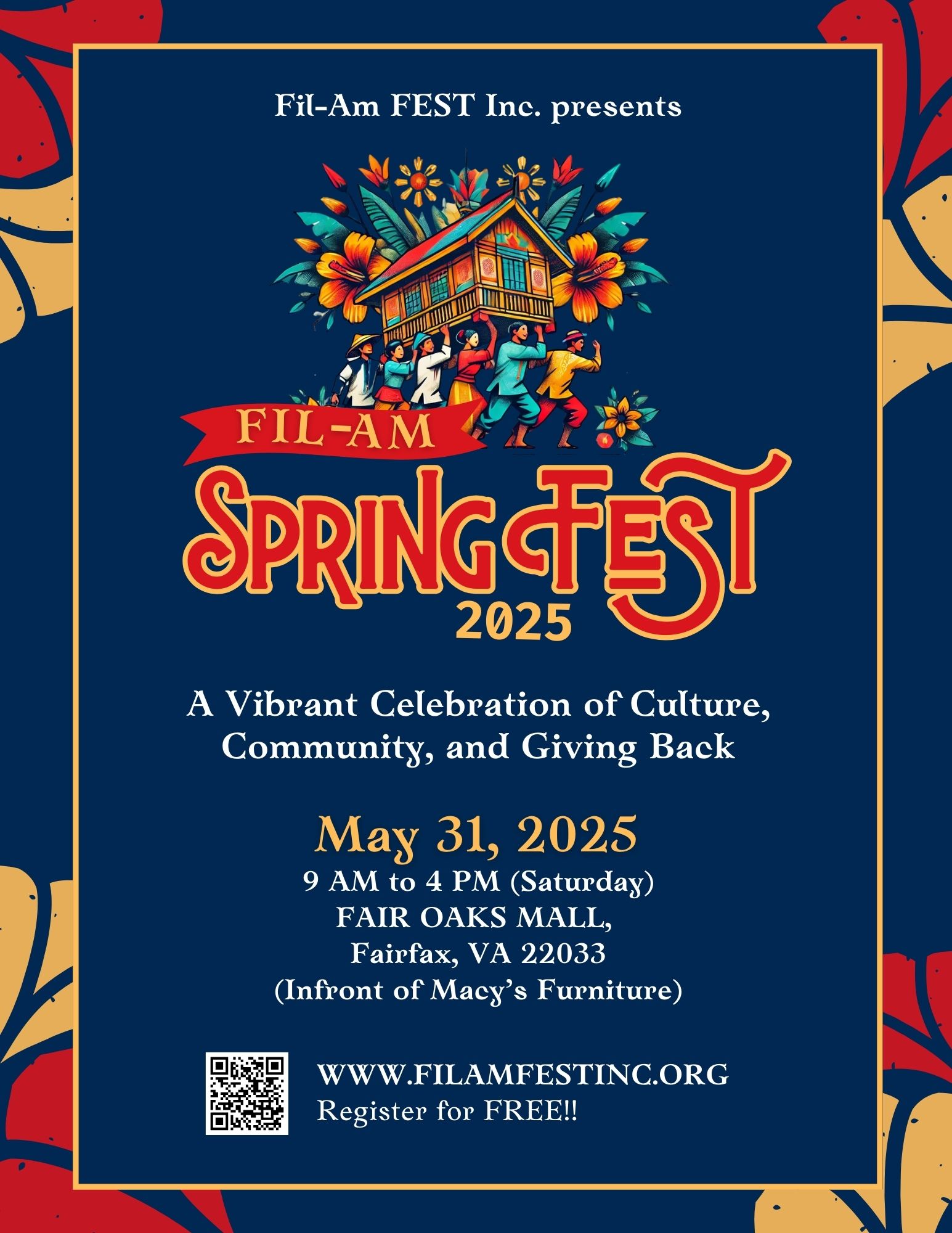 Fil-Am Spring Fest 2025 official event poster featuring event date, venue at Fair Oaks Mall in Fairfax, VA, and highlights of Filipino culture, performances, food, and community activities.